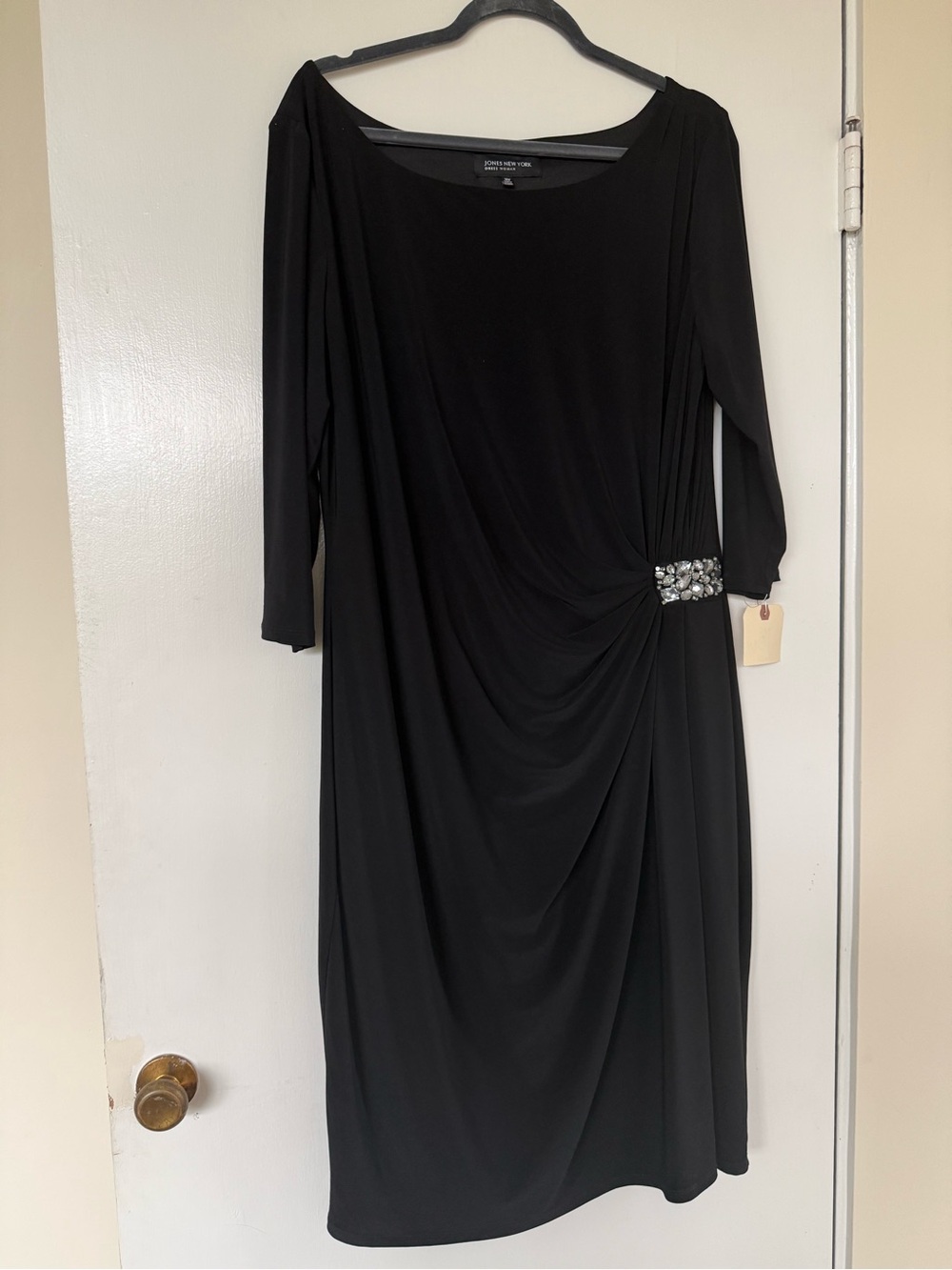 Jones New York Black Long Sleeve Draped Midi Dress with Jeweled Accent